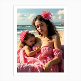 Mother And Daughter Wear Pink At Beach Art Print