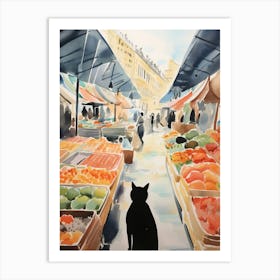 Food Market With Cats In Vienna 7 Watercolour Art Print