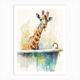 Giraffe In The Bath Watercolour 2 Art Print