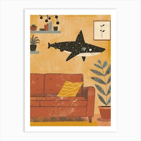 Shark Swimming In The Living Room Mustard Illustration Art Print