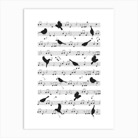 Birds on musical notes - black Art Print