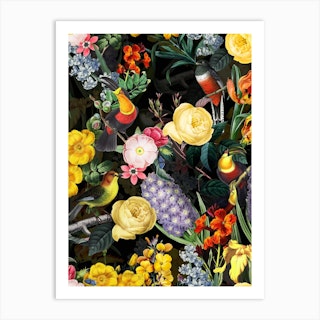 Night Vintage Spring Flower Bird Garden Art Print