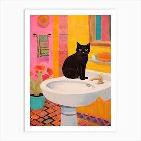 Black Cat In Bathroom Art Print