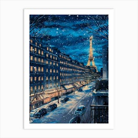 Anime Canvas Art: Snowy Paris Night with Glowing Eiffel Tower and Cozy Lit Windows, Perfect for Lofi Aesthetic and Winter Cityscape Lovers. Art Print