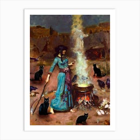 The Magic Circle Witches Art With Added Black Cats for Witchy Feature Wall - John William Waterhouse Antique Famous Funny Cat Witch Art Print