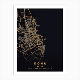 Doha Qatar Black And Gold Map Art Print