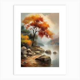 Autumn Lake,Forest Lake, Vintage Oil Painting, Farmhouse Wall Decorations, Antique Landscape, Vintage Landscape Oil Painting.12 1 Art Print