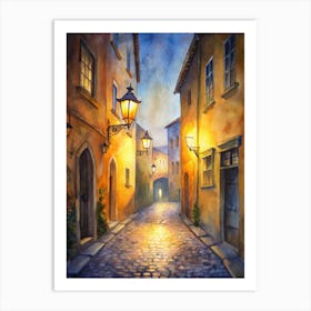 A Cobblestone Alleyway With Lanterns Hanging Betw (1) Art Print