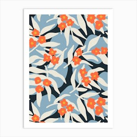 Blossoms on Flowing Leaves and Stones Orange, Blue, Slate Art Print