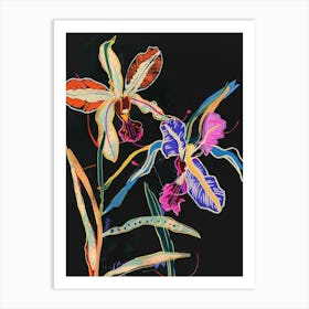 Neon Flowers On Black Monkey Orchid 4 Art Print