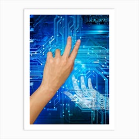 Cyber Abstract Digital Painting Of A Human Hand And A Robotic Hand Almost Touching Against A Backdro 2 1 Art Print