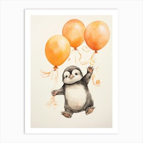Penguin Flying With Autumn Fall Pumpkins And Balloons Watercolour Nursery 1 Art Print