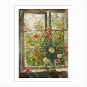 Roses Flowers On A Cottage Window 2 Art Print