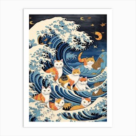 The Great Wave Off Kanagawa Ginger Cats Kitsch 2 Art Print