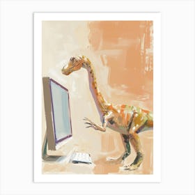 Dinosaur On A Computer Beige Brushstrokes Art Print