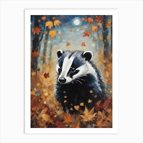 Cottagecore Badger in Autumn - Acrylic Paint Fall Badger with Falling Leaves at Night, Full Moon Perfect for Witchcore Cottage Core Pagan Tarot Celestial Zodiac Gallery Feature Wall Beautiful Woodland Creatures Series HD Art Print