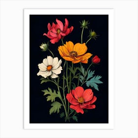 Colorful Flowers On Black Background Art Print