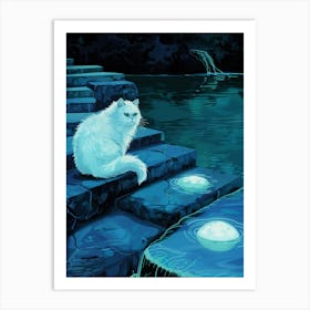 White Cat In The Moonlight Art Print