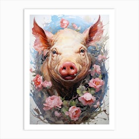 Pig With Roses Art Print