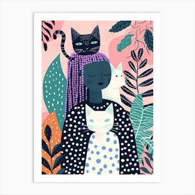 Woman With Cats Art Print