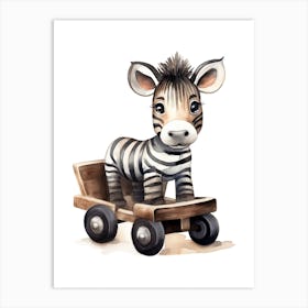 Baby Zebra On A Toy Car, Watercolour Nursery 1 Art Print