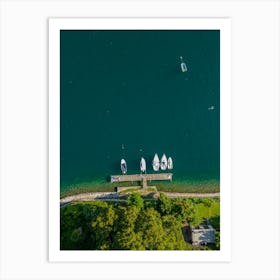 Yachts and Boats Moored in Pier Harbor on lake, Italy.  Aerial photography Art Print