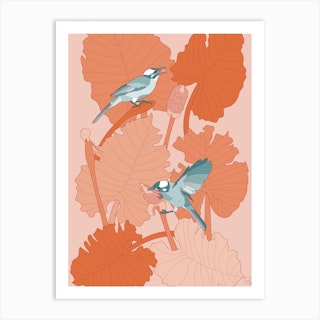 Turquoise Birds With Orange Leaves Art Print