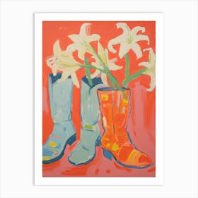 Painting Of White Flowers And Cowboy Boots, Oil Style 5 Art Print