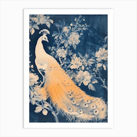 White Orange Blue Cyanotype Inspired Peacock 1 Art Print