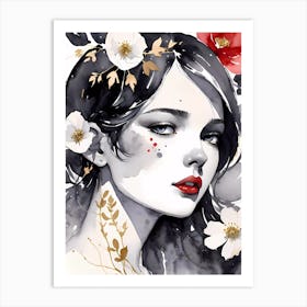 Selective Colour Portrait Of A Gorgeous Girl With Red And Gold Flower Art Print