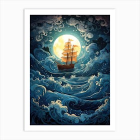 Ship In The Sea At Night 1 Art Print