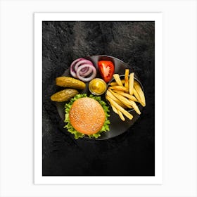 Burger and fries — Food kitchen poster/blackboard, photo art Art Print