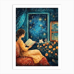 Girl Reading Book with Her Cat 7 Art Print