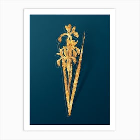 Vintage Blue Iris Botanical in Gold on Teal Blue n.0029 Art Print