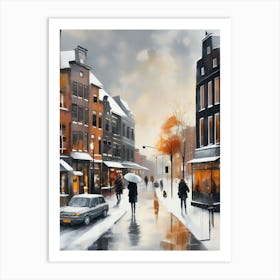 Amsterdam cafes, winter season, Christmas, autumn oil colors, pale colors, pedestrians in the street, winter clothes, falling snow.8 1 Art Print