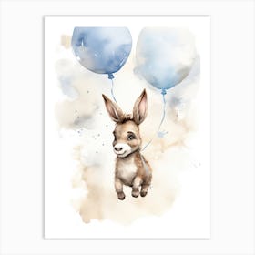 Baby Donkey Flying With Ballons, Watercolour Nursery Art 1 Art Print