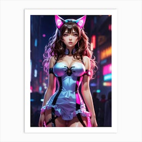 Exploring the neon cyberpunk anime world: a girl with pink cat ears and hot lingerie showing her beautiful body. Captivating and sexy. Art Print