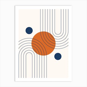 Mid Century Modern Geometric in classy navy blue burnt orange (Rainbow and Sun Abstract Design) Art Print
