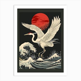 White Crane Flying Over The Waves Art Print