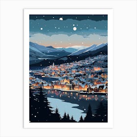 Winter Travel Night Illustration Bergen Norway 3 Art Print