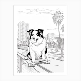 Border Collie Dog Skateboarding Line Art 1 Art Print