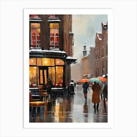 Amsterdam cafes, winter season, winter oil colors, pedestrians in the street, winter clothes, rain falling, Amsterdam print, Netherlands print, travel gift, Netherlands poster.43 1 Affiche