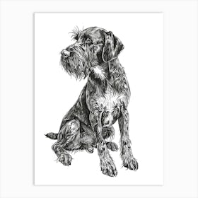 German Wirehaired Pointer Dog Black & White Line Sketch 3 Art Print
