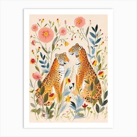 Folksy Floral Animal Drawing Jaguar 4 Art Print