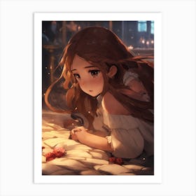 Anime Girl Laying On Bed Art Print