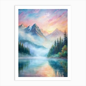 Sunrise By The Lake Watercolor Art Print