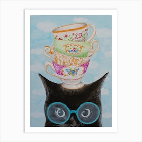 Cat With Stacking Cups Art Print