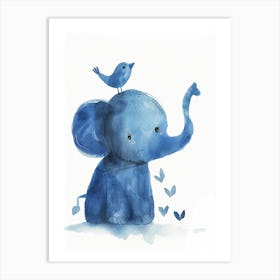 Small Joyful Elephant With A Bird On Its Head Art Print