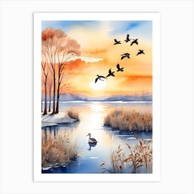 Ducks Flying Over The Lake Art Print