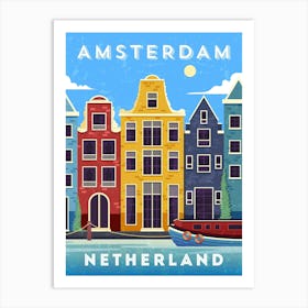 Amsterdam, Netherlands/Holland — Retro travel minimalist poster, retro travel art, retro travel wall art, vector art Art Print